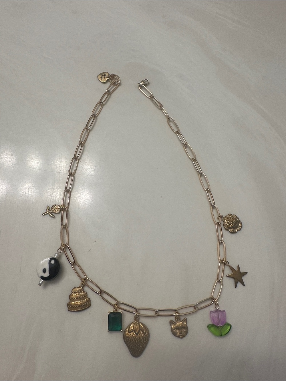Gold-Tone Charm Link Necklace with Multicolor Accents